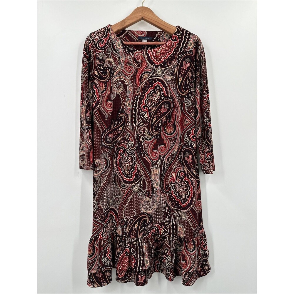 Tommy Hilfiger Dress 14 Jersey Knit Red Black Paisley Drop Waist Ruffle - Picture 3 of 9